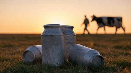 Naklejka premium The Milk Jars at Sunset in a Quiet Rural Farm Scene