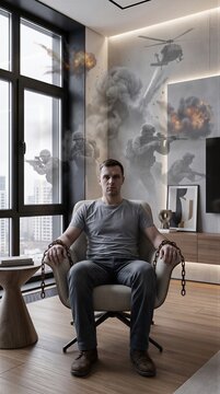 Man sitting in chair with imaginary chains and war visions in background. PTSD veteran experiencing flashbacks. Mental health and psychological struggle after military service combat.