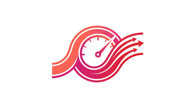 Abstract speed logo with speedometer and arrows, red gradient motion icon, fast performance vector for automotive and tech branding