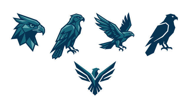 Eagle mascot logo set, 5 bird of prey vector icons, hawk and falcon sports emblems, dark blue predatory bird graphics