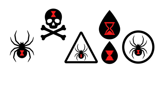 Black widow spider icons set, venomous arachnid warning symbols, skull and crossbones poison signs, red hourglass danger vector
