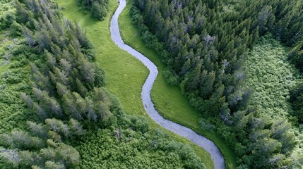 Obraz premium The Winding Forest Path Through Lush Verdant Landscape Captured From Above