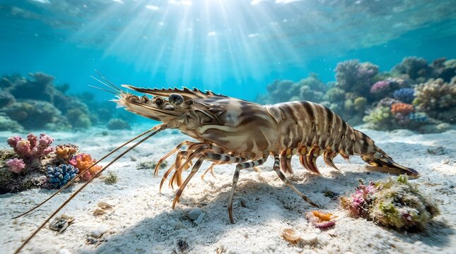 Giant tiger prawn resting on the sandy ocean floor in clear tropical water