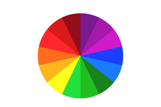 Color wheel with vivid rainbow segments arranged in a circular spectrum. Bright hues illustrate color theory, harmony, and creative palettes. Isolated educational visual design element.