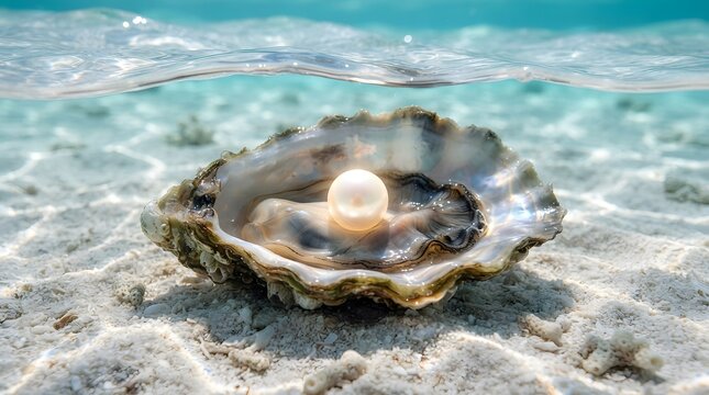 Open oyster with glowing white pearl resting on the sandy ocean floor underwater