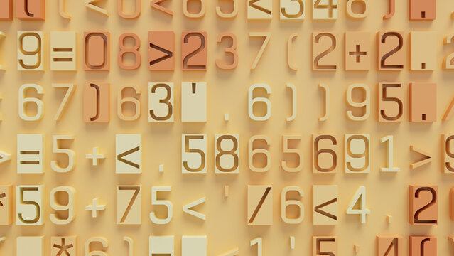 Close-Up of Textured 3D Pattern with Numbers and Symbols on Bright Yellow Background, Abstract Digital Art Ideal for Graphic Design and Creative Projects