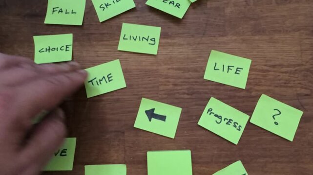 Hand planning life messages on yellow sticky post-it note in brainstorming thought process goal