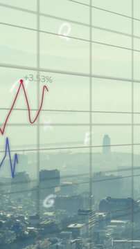 Animation of financial data processing over cityscape