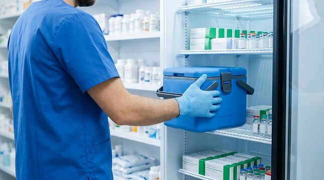 Medical professional pharmacist wearing blue uniform and latex gloves holding transport container inside refrigerated pharmacy storage room for vaccine delivery.