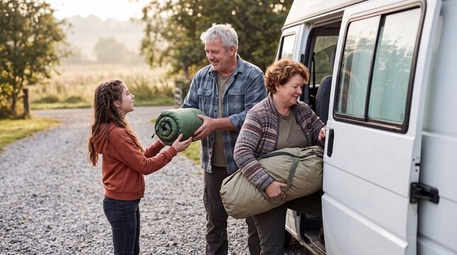 Familie l&auml;dt Campingausr&uuml;stung mit Schlafsack ins Wohnmobil