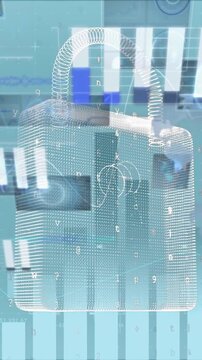 Animation of online security padlock, statistics and financial data processing over city