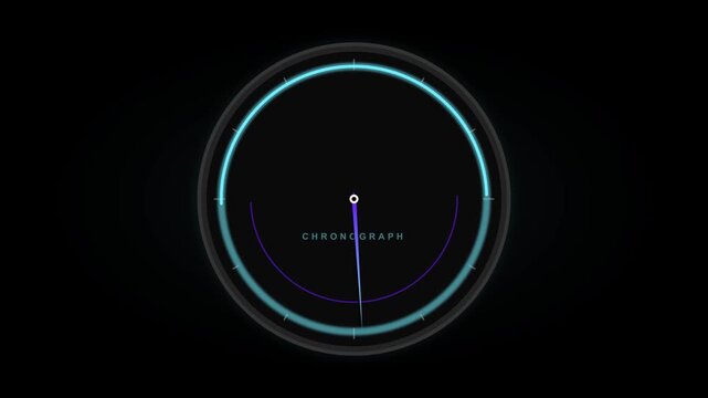 Minimal Chronograph Dial Animation with Neon Cyan and Violet Circular Ring, Precision Timing Interface and Futuristic Time Measurement Display on Black Background