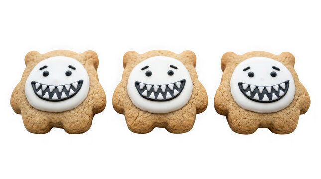 Three cute monstershaped cookies with white icing and teeth isolated on transparent background