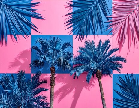 Abstrakte Palmen vor einem sanften rosa-blauen Hintergrund
