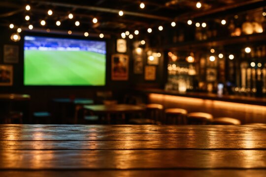 Empty wooden table in a dimly lit bar with a blurred television screen showing a soccer match in the background.