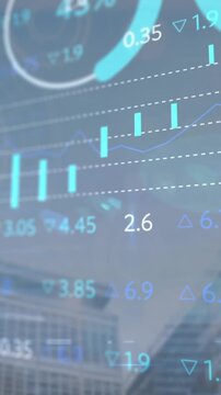 Animation of financial data processing over cityscape