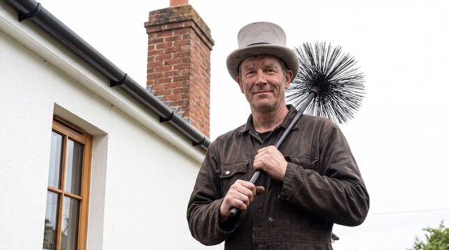 Traditional chimney sweep wearing a grey top hat holds his long brush outside a house