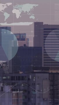 Animation of financial data processing over cityscape