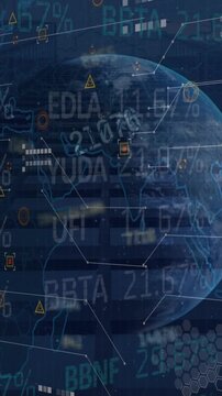 Animation of financial data processing with globe and world map over cityscape