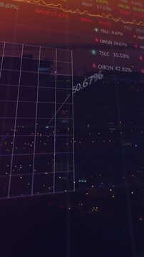 Animation of statistical and stock market data processing against aerial view of cityscape at night