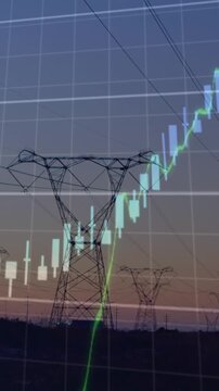 Animation of financial data processing over network towers against sunset sky