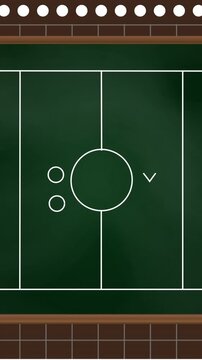 Animation of football game strategy drawn on green chalkboard against square lined brown background