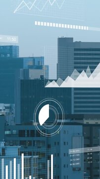Animation of financial data processing over cityscape