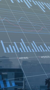 Animation of financial data processing over cityscape