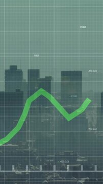 Animation of green line and financial data processing over cityscape