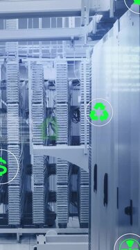 Animation of eco icons and digital data processing over computer servers