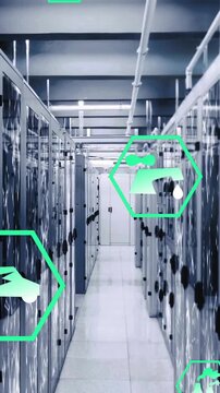 Animation of eco icons and digital data processing over computer servers