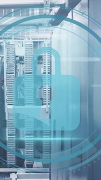 Animation of padlock icon and digital data processing over computer servers