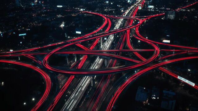 Metropolitan highway junction: urban transport, traffic flow, night movement, speed light, street intersection, vehicle trail, aerial perspective, city infrastructure, road network.