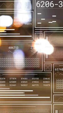 Data processing and analysis animation over blurred city lights background