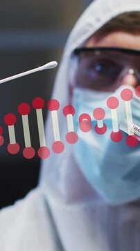 Holding swab and test tube, scientist examining DNA strand in laboratory