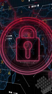 Lock icon and cybersecurity animation over world map with data points