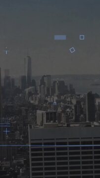 Digital data processing animation over cityscape with skyscrapers and river