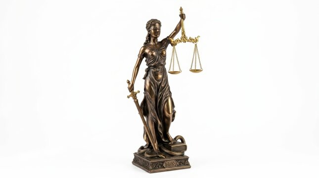 Elegant bronze Lady Justice statue holding scales and sword represents legal systems and judicial fairness globally. This isolated figurine showcases integrity and balance in law practice everywhere..