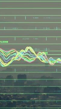 Animation of financial data processing over cityscape