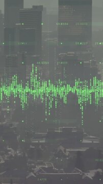 Animation of financial data processing over cityscape