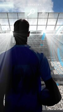 Animation of scope scanning and football player over empty stands in sports stadium