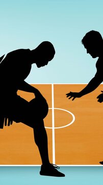 Animation of silhouette of basketball players with speech bubbles on blue background