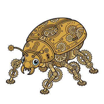 Steampunk mechanical beetle vector illustration with intricate clockwork gears and cogs