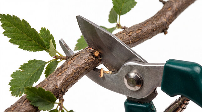 Pruning branch with secateurs.