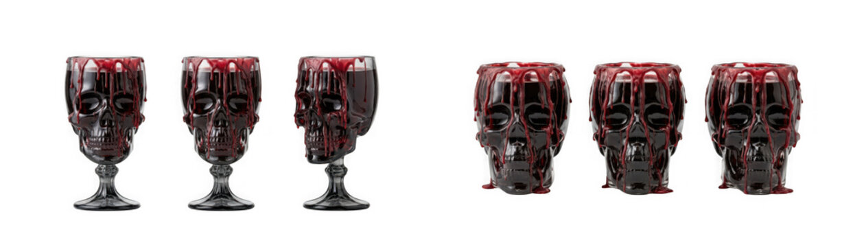 Set of six skullshaped glasses with red liquid dripping down the sides, isolated on transparent background