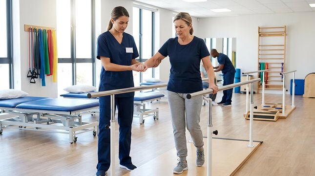 Professional female physical therapist assisting middle aged woman while walking between parallel bars during rehabilitation session in modern bright therapy clinic.
