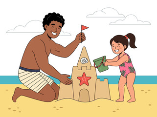 African American Father and Daughter Building Sandcastle on Beach Illustration