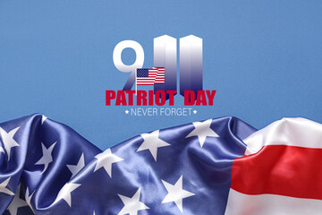 Patriot day 9/11 never forget with american flag and twin towers graphic on blue background,...