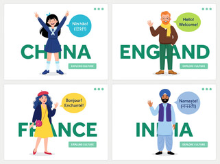 Global Culture Landing Page Set with Diverse Characters from China England France and India © Eros