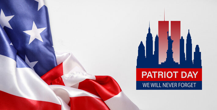 Patriot day we will never forget text with american flag and New York city skyline silhouette, the graphic includes the twin towers and the statue of liberty, remembrance and national unity